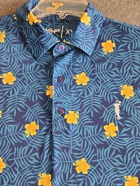 Grunk Dolfer Men's Performance Polo Blue Tropical Floral Print Size XL Golf Vaca